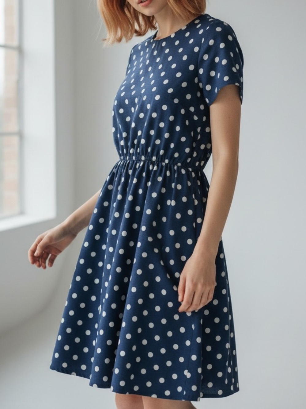 Vintage Navy Blue and White Polka Dot Fit Flare Dress Keyhole Back Rockabilly L